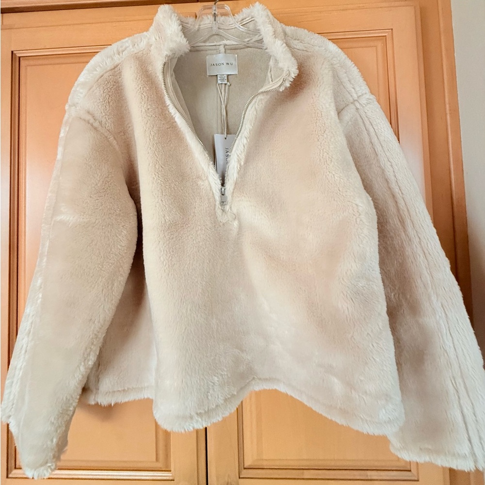 NWT Jason Wu Y2K Women's faux fur quarter zip pullover Size S Light Beige